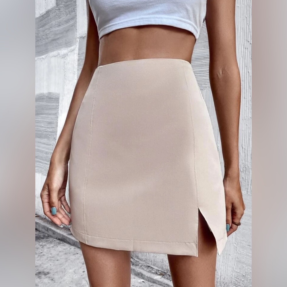 Beige Split Front Mini Straight Skirt Workwear - Size 6